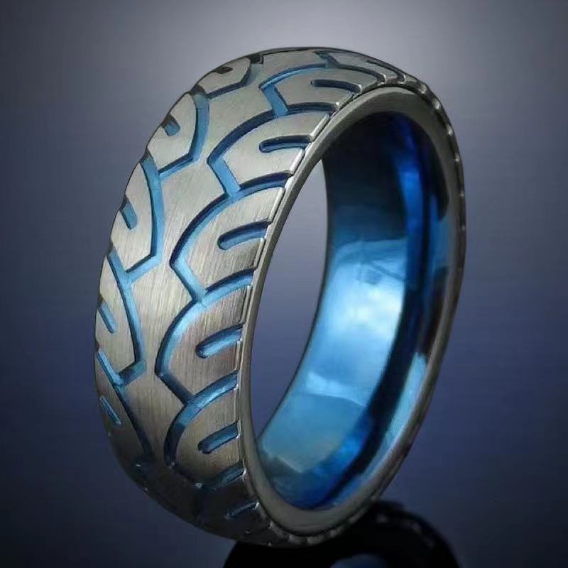 Mens Titanium Steel Ring Non Fading Etched Tire Pattern Vintage Design Durable Band Titanium Stylish Ring Tire