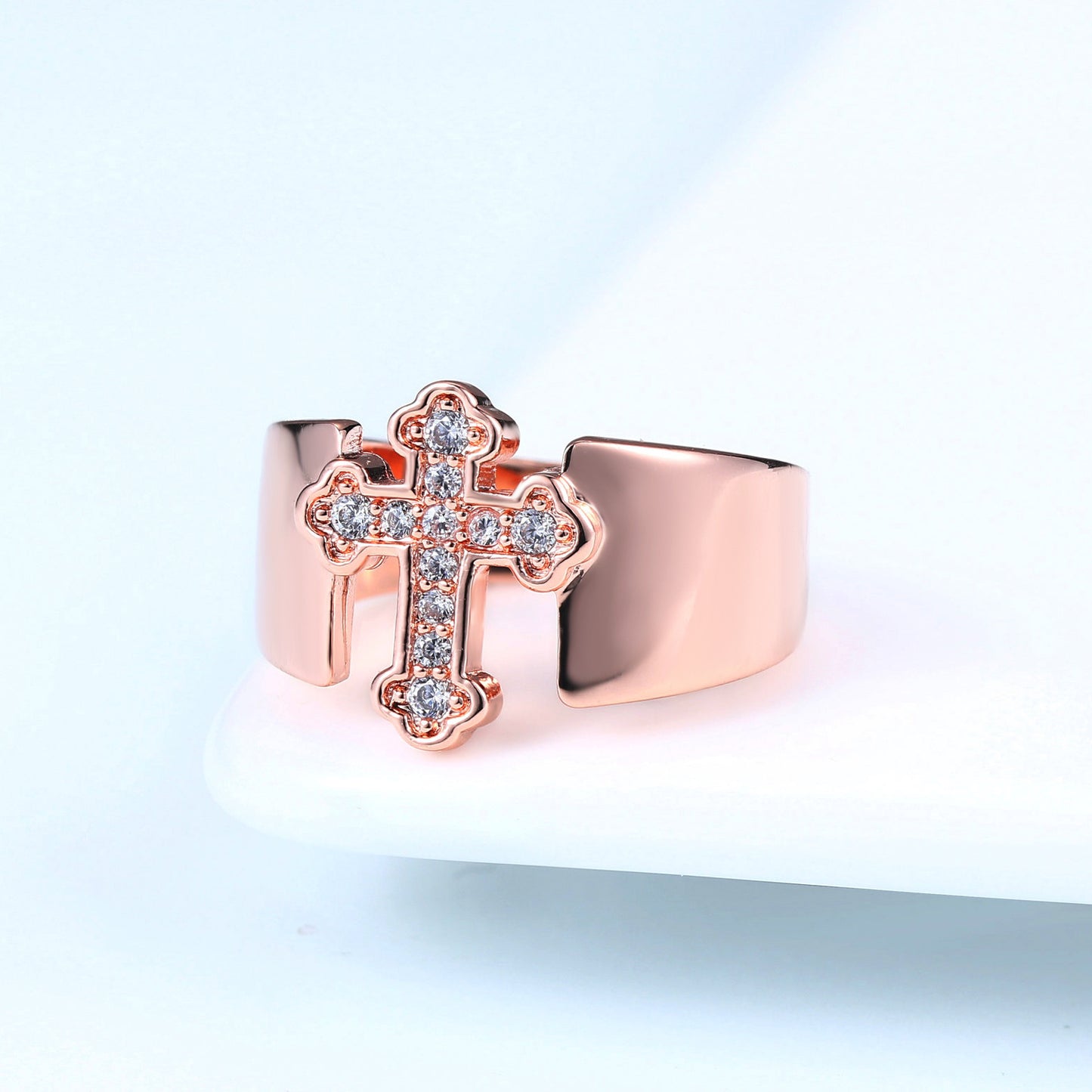 Womens Rose Gold Plated Copper Ring Inlaid Zircon Cross Design 1.5cm Wide Surface Ring For Women And Girls Now