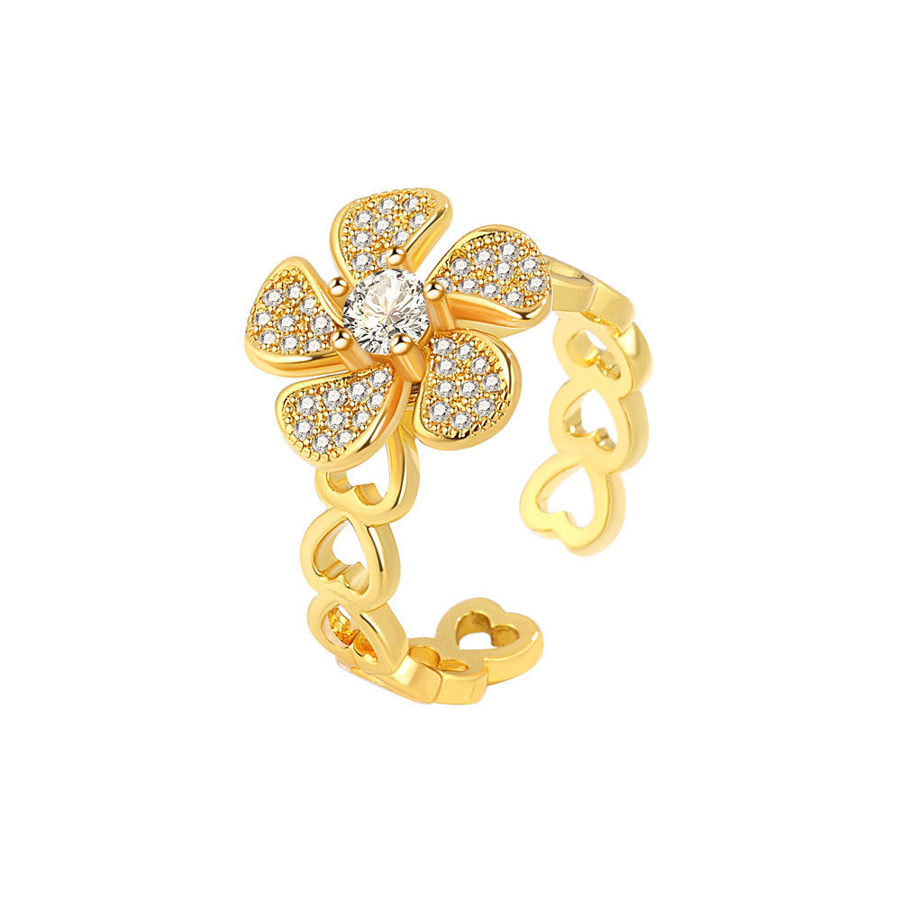 Womens Simple Micro Inlay Rotatable Flower Ring With Zircon Copper Plating In Gold Or Platinum Tone Adjustable Opening For Everyday Wear