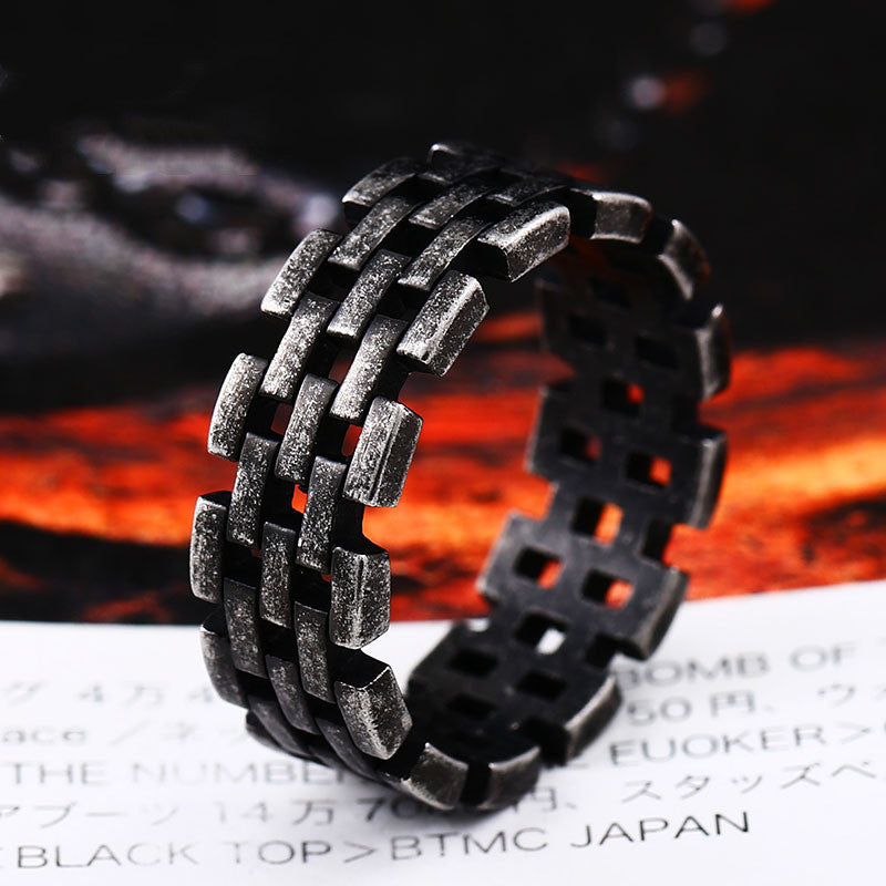 Mens Titanium Steel Hollow Chain Ring 8MmWidth Mens Ring With Modern Steel Color Ancient Black Finish Polished