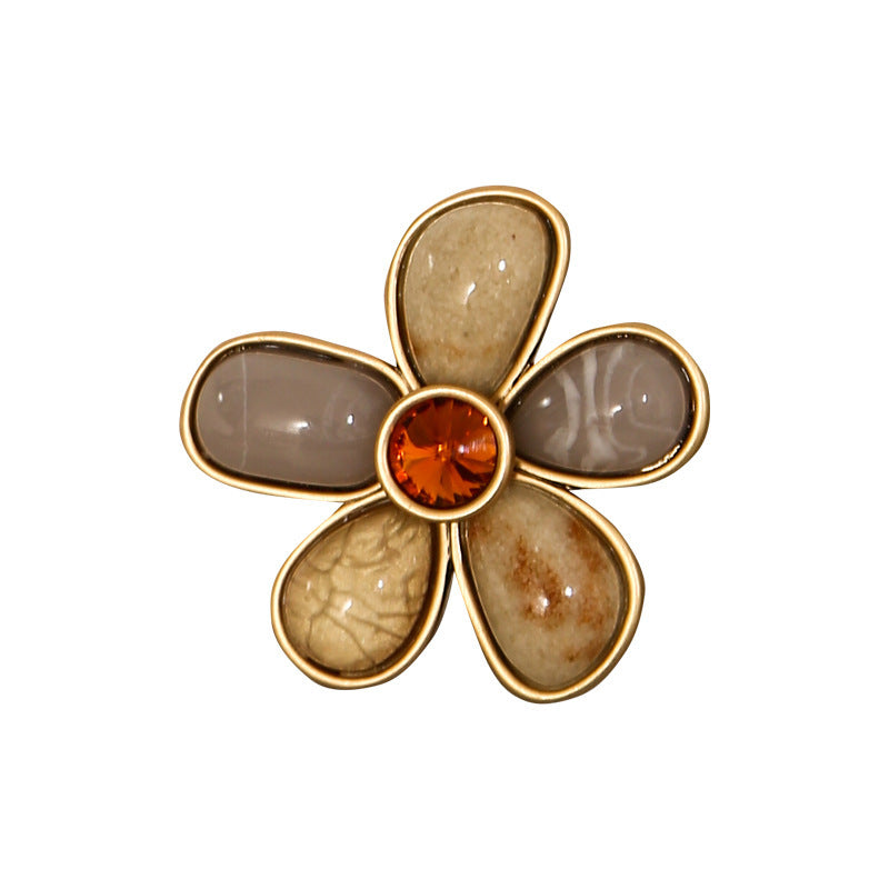 Vintage Natural Stone Adjustable Five Petal Flower Ring Ancient Silver And Ancient Gold Elegant Everyday Style