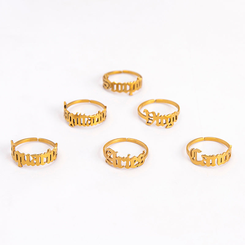 Stainless Steel Zodiac Sign Open Ring Adjustable Gold Letter Initial Ring for Women Lightweight Everyday Spark