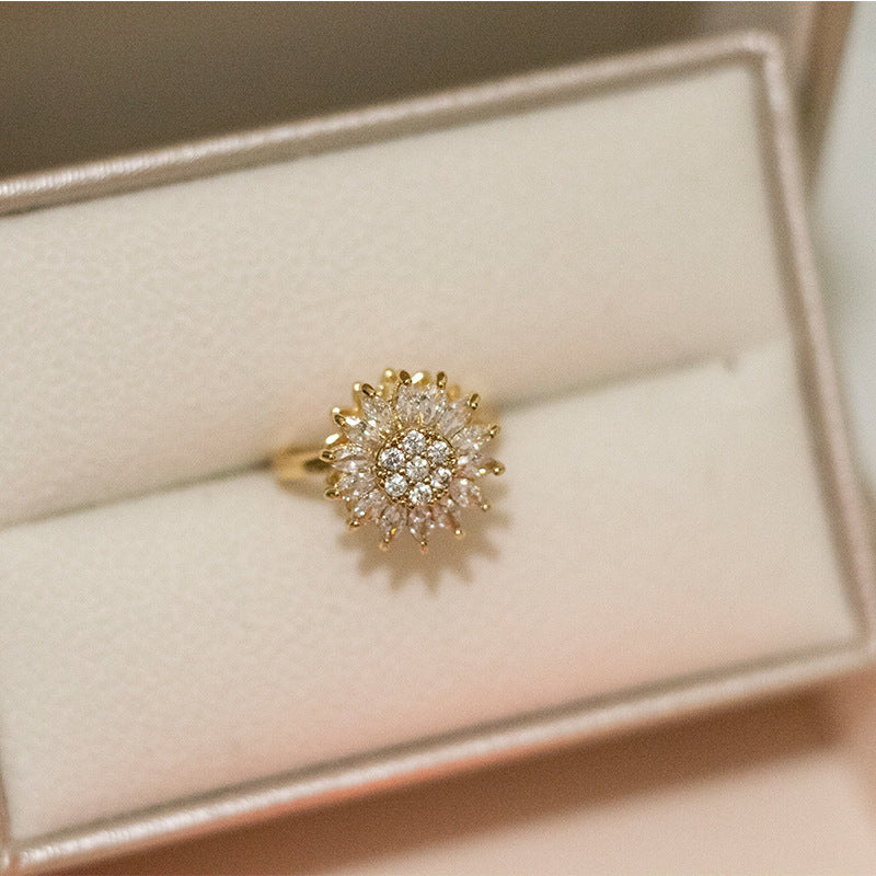 Sunflower Copper Ring For Women Adjustable Flower Design White Gold Color Decompression Ring For Anxiety Relief