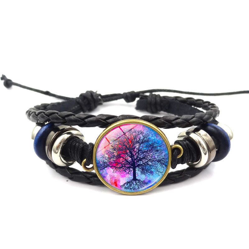 Tree of Life Handmade Multilayer Braided Leather Bracelet with Glass Charm Black Alloy Adjustable High Quality
