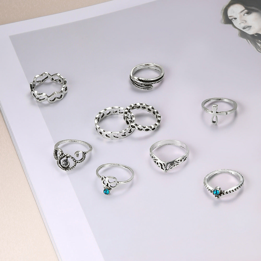 Womens Knuckle Rings Set Vintage Gemstones Carved Rings 9 Piece Alloy Heart Shaped Silver Tone Fashion Jewelry