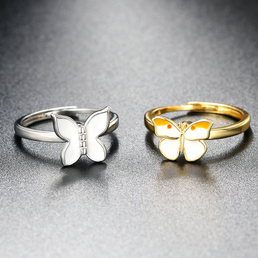 Womens Copper Inlaid Zircon Butterfly Ring Drip Oil Adjustable Opening Trendy Fashion Jewelry Gift for Her Now