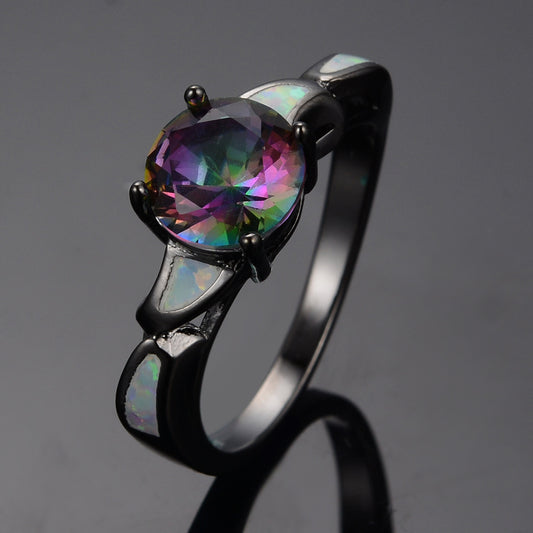 Geometric Copper Ring Electroplated Black Gold Tone with White Opal Inlay for Women Fashion Jewelry Gift Everyday Wear