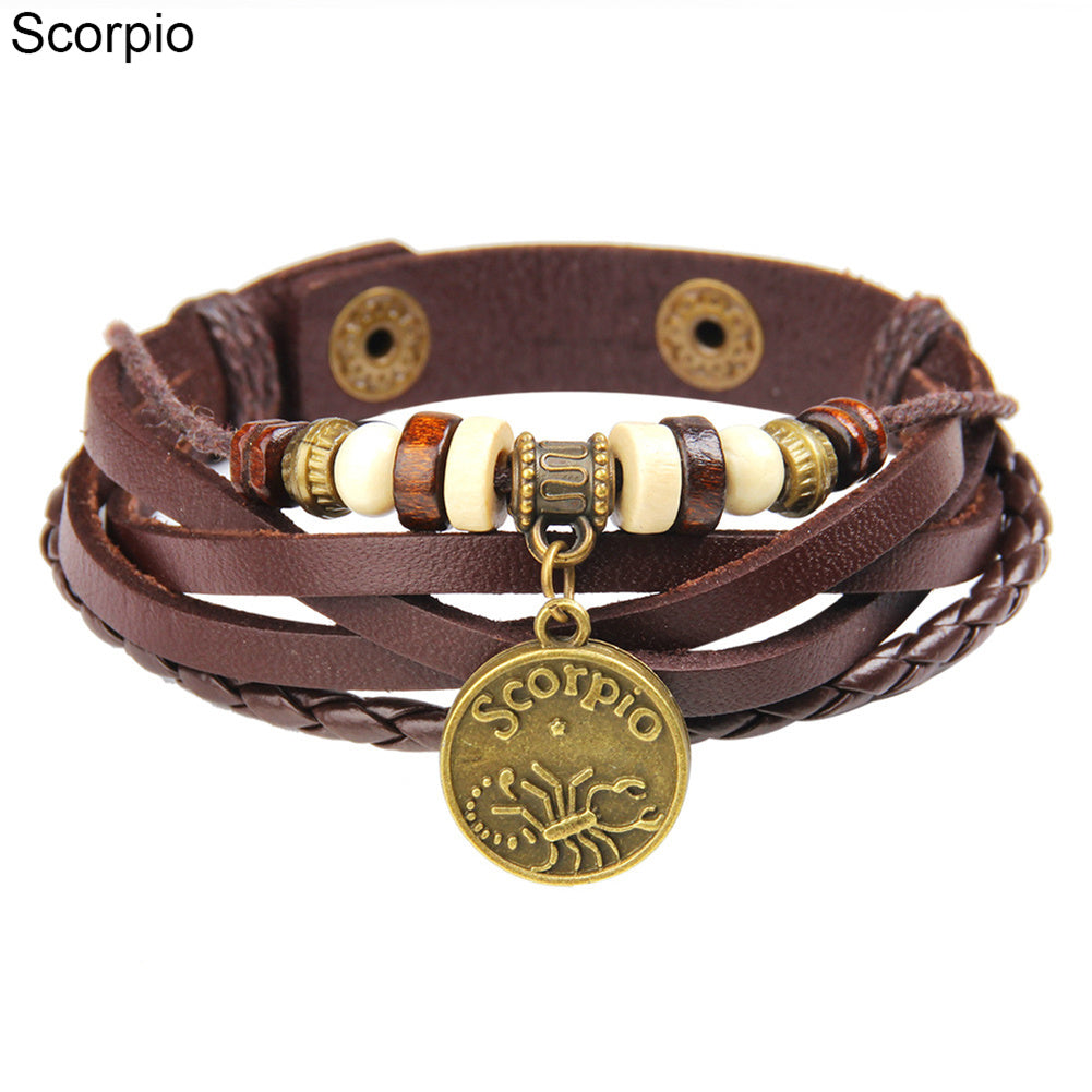 Unisex Astrological Sign Bracelet With Coin Charm And Layered Leather Bangle For Festival And Daily Wear Gift
