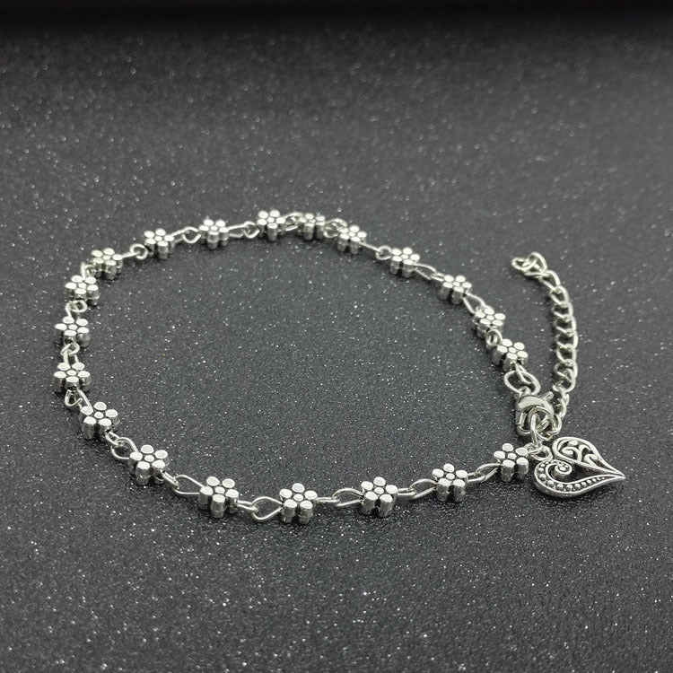 Alloy Anklet With Plum Blossom Heart Charms European Geometric Foot Chain For Beach Wear With Adjustable Chain