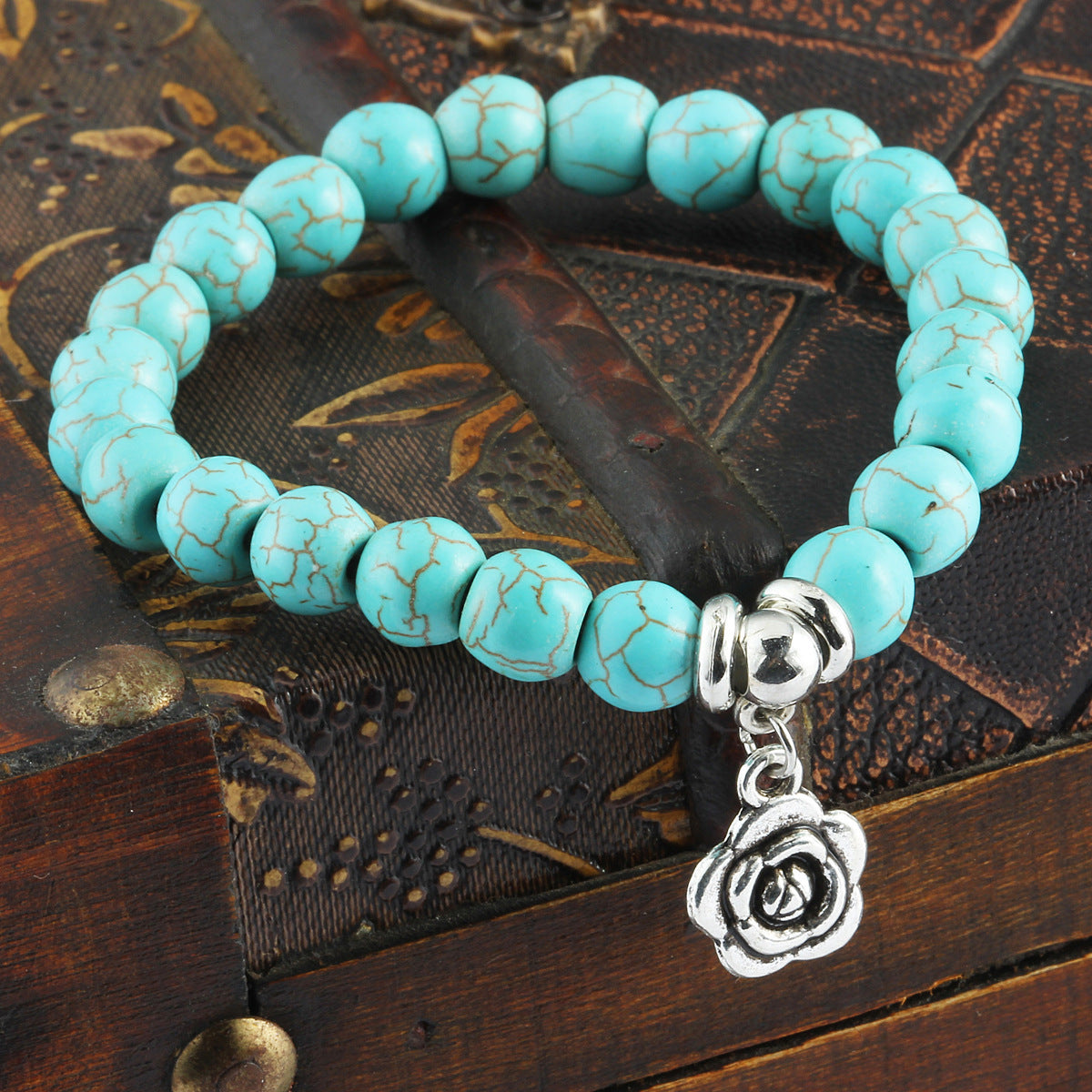 Adjustable Turquoise Beaded Bracelet With Pendant For Women