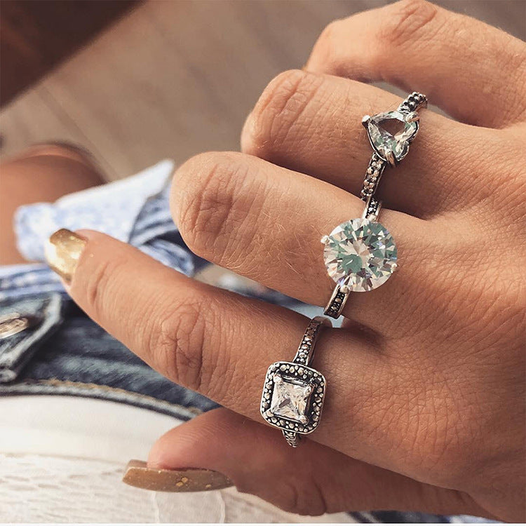 Heart Shaped Ring Set Retro Fashion Love Ring With Diamond Ancient Silver Finish Alloy Ring For Women For Ring