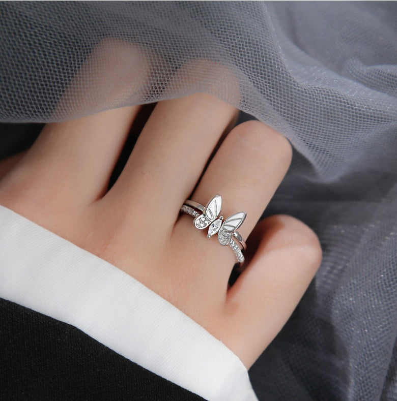 Womens Butterfly Ring Adjustable Zirconia Copper White Gold Plated Fashion Jewelry Elegant Dainty Gift for Her