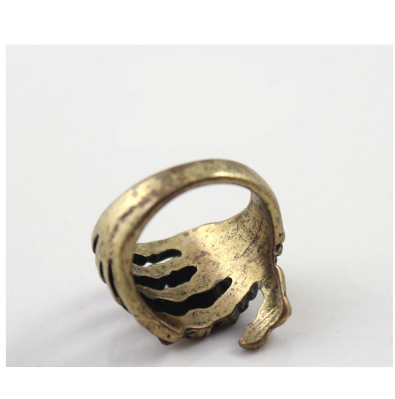 Skeleton Hand Ring With Flash Diamond Alloy Accent Retro Gold Tone Punk Fashion Jewelry Statement Ring For Men