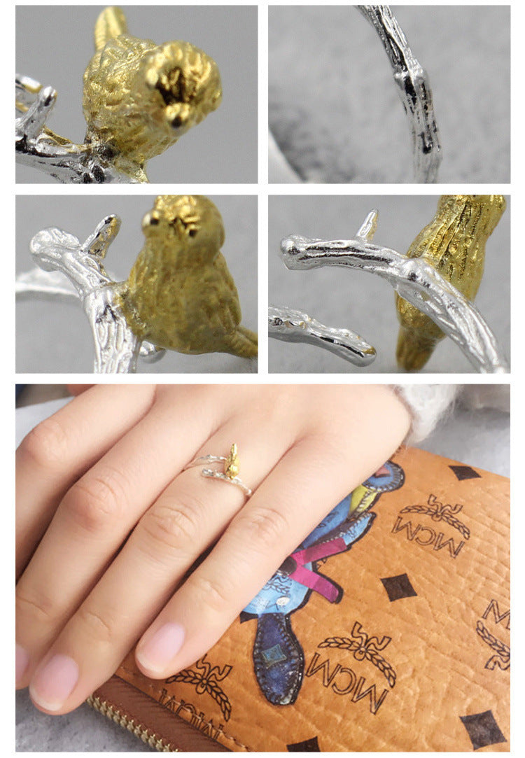 Sterling Silver Branch Ring With Bird Design Animal Zodiac Open Adjustable Korean Style Fashion Jewelry For Women 925