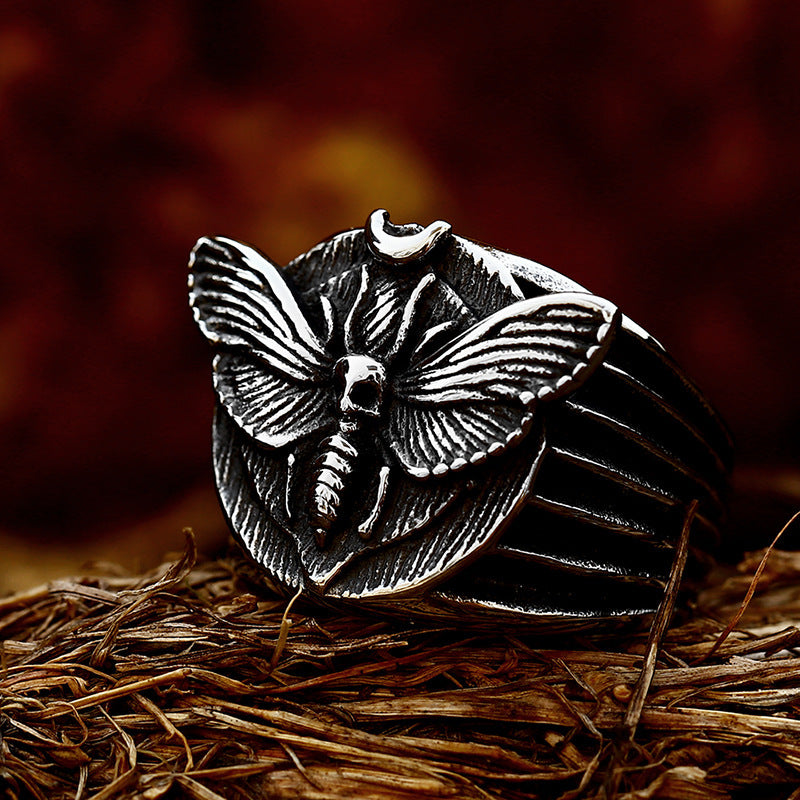 Mens Ring Skeleton Moth Titanium Steel Ring Polished Unisex Ring Fashion Jewelry Gift for Men Travel Souvenir US Size 7 8 9 10 11 12 13