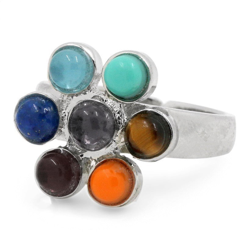 Natural Semi Precious Stone Ring Adjustable Flower Design Copper Alloy Inlaid Gemstone Jewelry Gift Great Gift