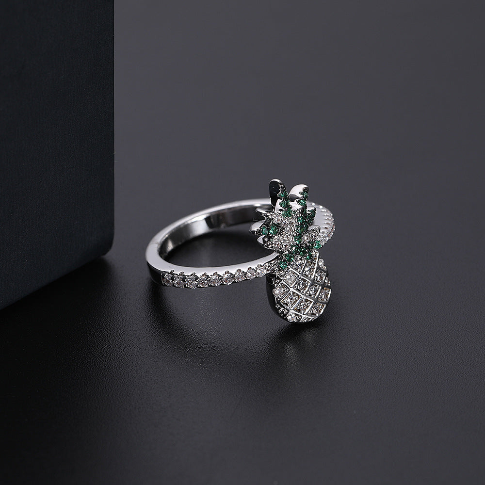 Exotic Pineapple Ring Copper Band With Zircon Eight Hearts And Arrows Design Electroplated Finish Packed Direct