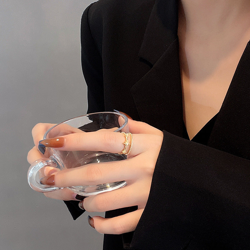 Copper Ring With Star Design And Zircon Inlay Double Layer Geometric Ring Korean Fashion Jewelry Gifts For Her