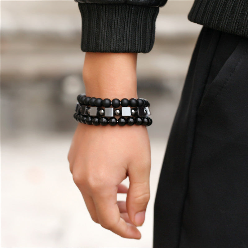 Unisex Retro Black Frosted Crystal Bracelet Set With White Crystal Accents Simple Wrist Accessories Fashion Daily Wear