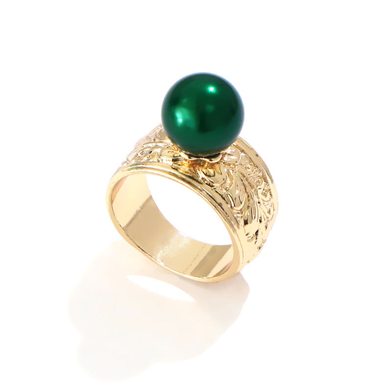 Womens Colorful Pearl Index Finger Ring Gold Plated Geometric Inlaid Gemstone Fashion Jewelry Gift Fashionable