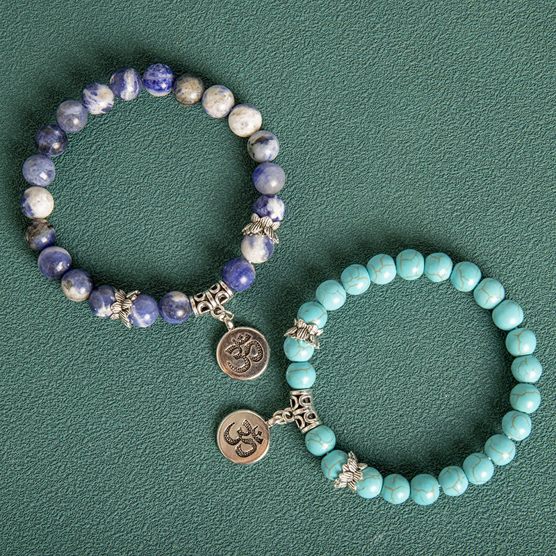 Mens Beaded Bracelet Handmade Blue Grain Stone Bracelet 8MM Unisex Round Geometric Bracelet Agate Lotus Letter