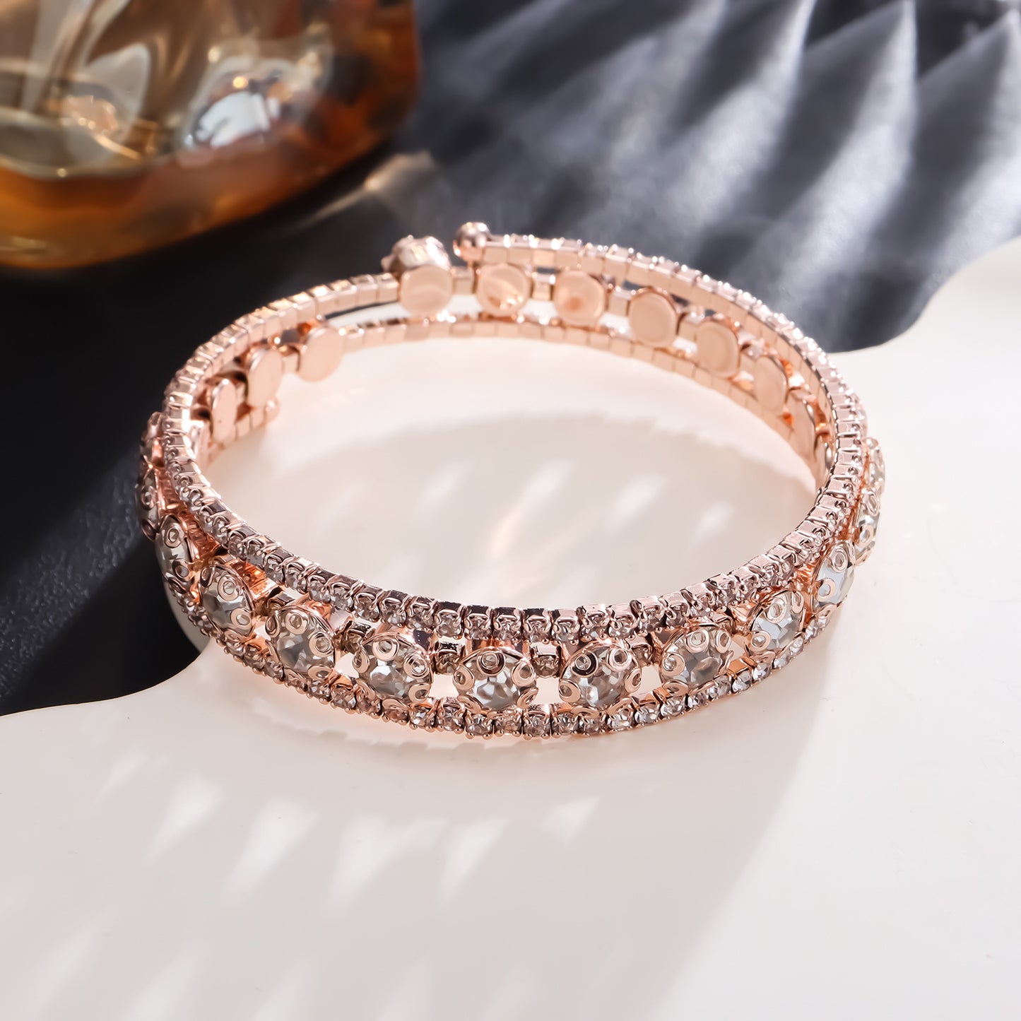 Winding Open Three Ring Bracelet Round Design With Sparkling Rhinestone Diamond Accent In Silver Gold And Rose