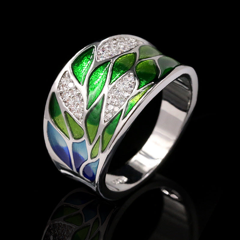 Women Enamel Flower Ring With Wave Design Plated Brass Gemstone Inlaid Jewelry For Everyday Wear Elegant Style