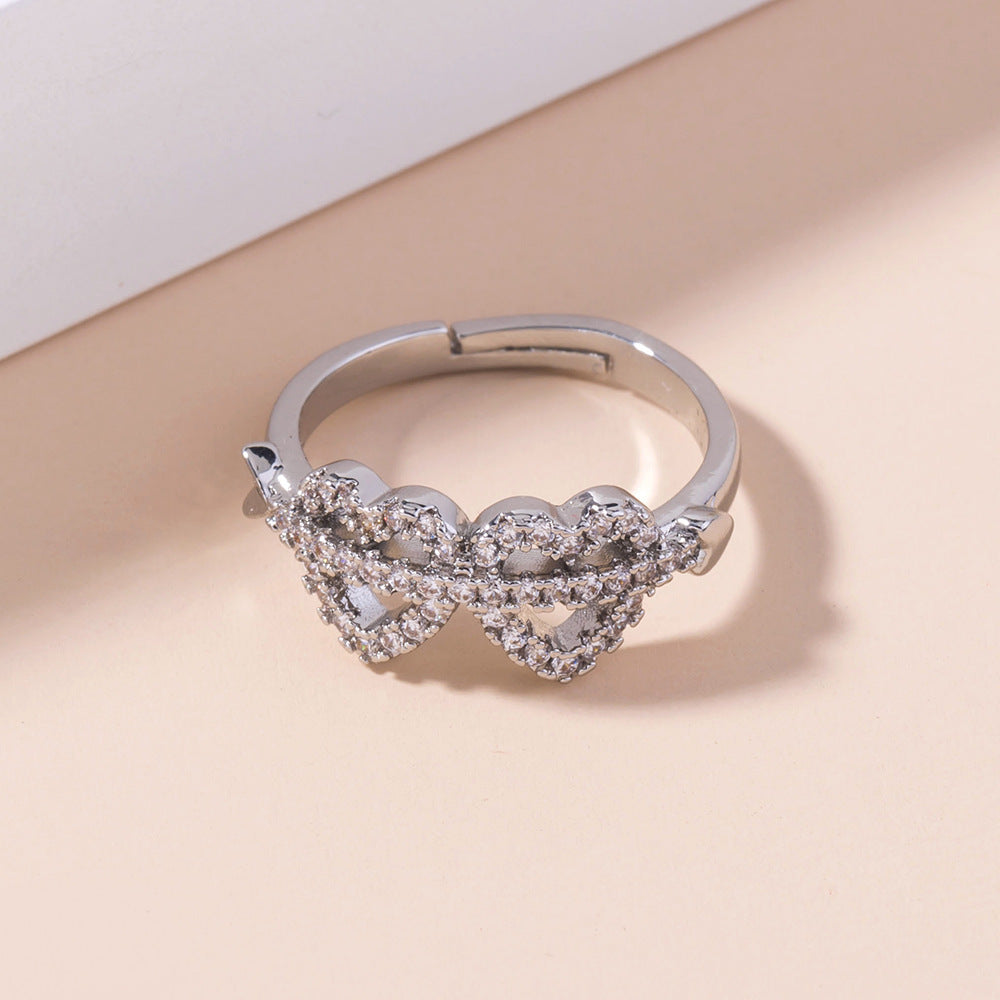 Women's Double Heart Ring With Cubic Zirconia Inlaid Copper Geometric Design Fashion Jewelry Gift For Everyday