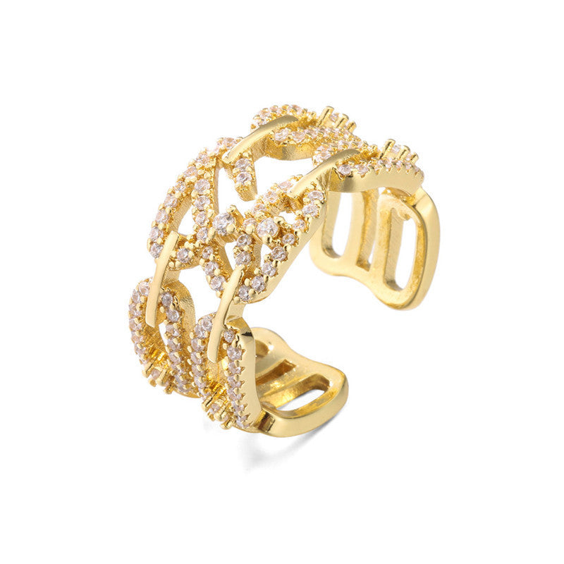 Womens Double Row Zircon Ring With 18K Gold Plated Copper Adjustable Band Elegant Fashion Jewelry Sparkle Glow