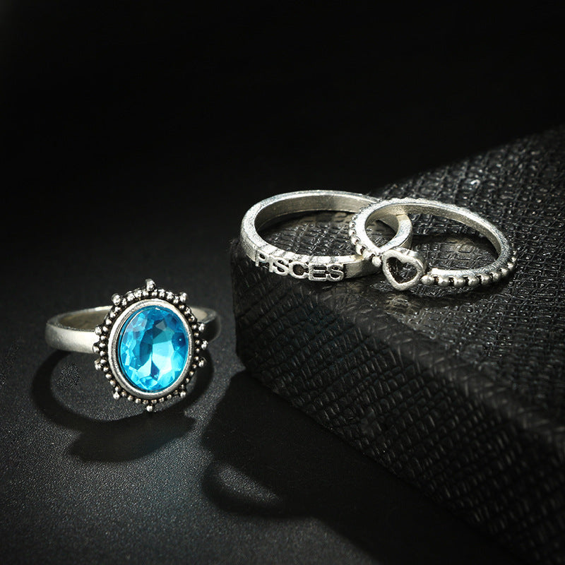 Vintage Alloy Ring Set Heart Shaped Crown Stone Geometric