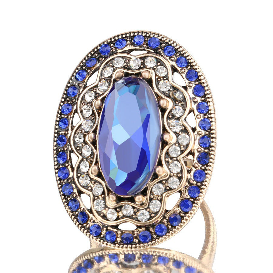 Womens Bohemian Ring Geometric Inlay Oval Alloy Fashion Ring Retro Statement Ring With Artificial Gem For Travel