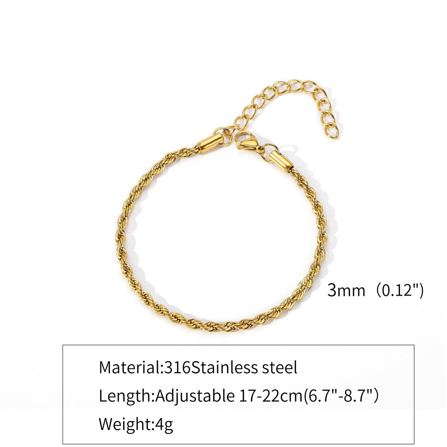 Womens Gold Twisted Chain Bracelet 18K Gold Plated Geometric Jewelry Gift Electroplated Finish with Tail Chain
