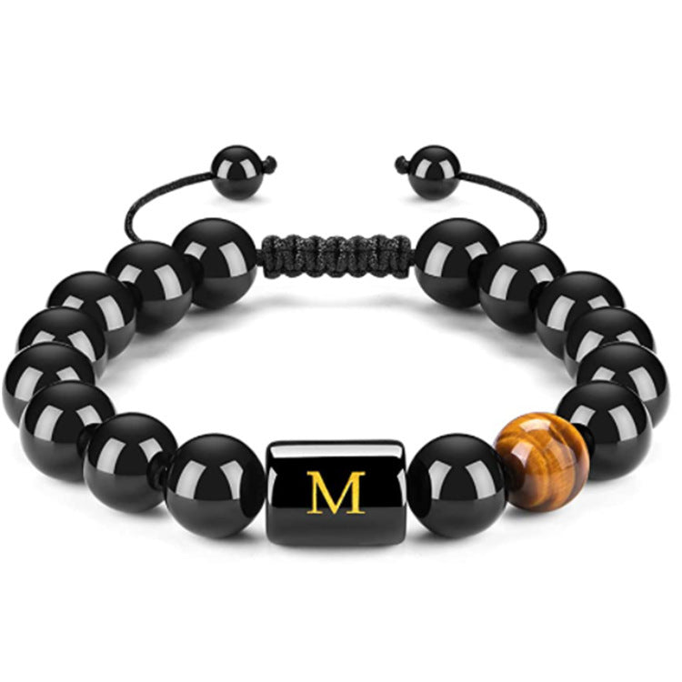 Mens Natural Black Agate 10mm Beads Handmade Initial Letter Bracelet Personalized Gift for Men Letter A Shape Letter