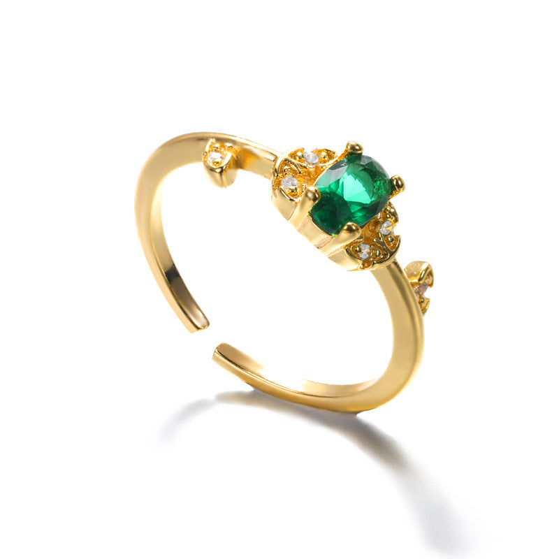 Gold Plated Green Zircon Heart Ring For Women Adjustable Copper Jewelry Elegant Dainty Gift For Everyday Style