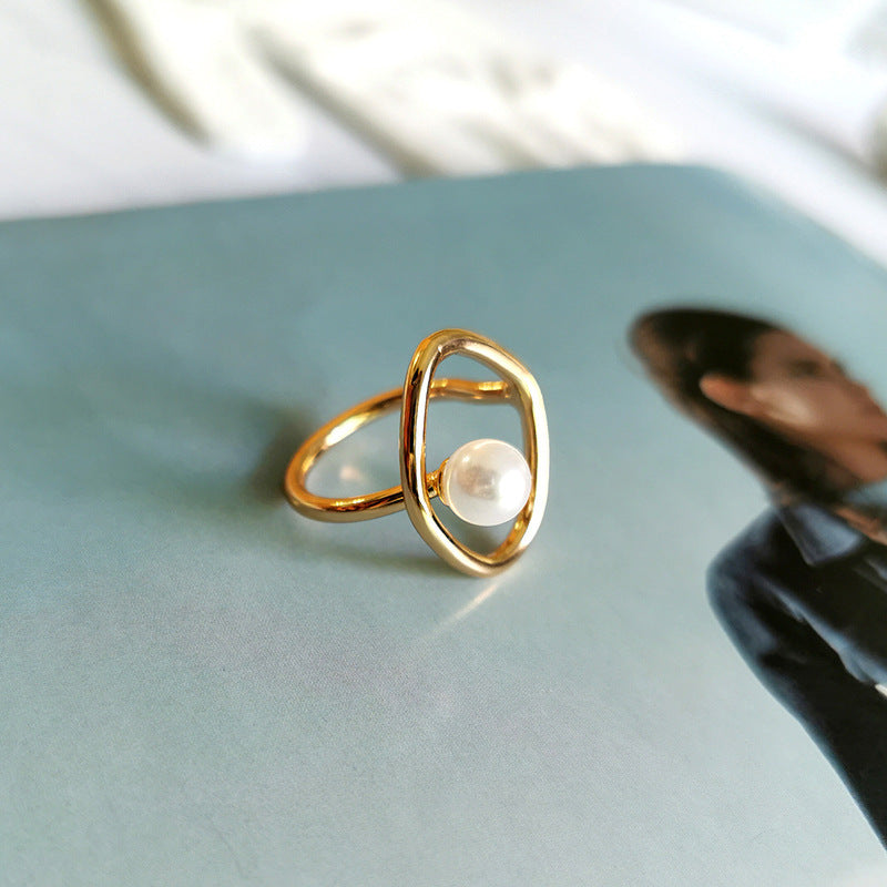Dainty Faux Pearl Ring Adjustable Gold Plated Geometric Minimalist Jewelry For Women Gift Idea Elegant Gift For