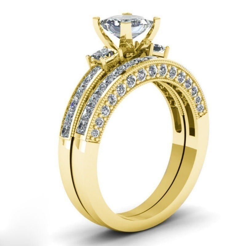 Gold Plated Alloy Couple Rings With Crystal Diamond Accents Geometric Promise Wedding Bands For Her Collection