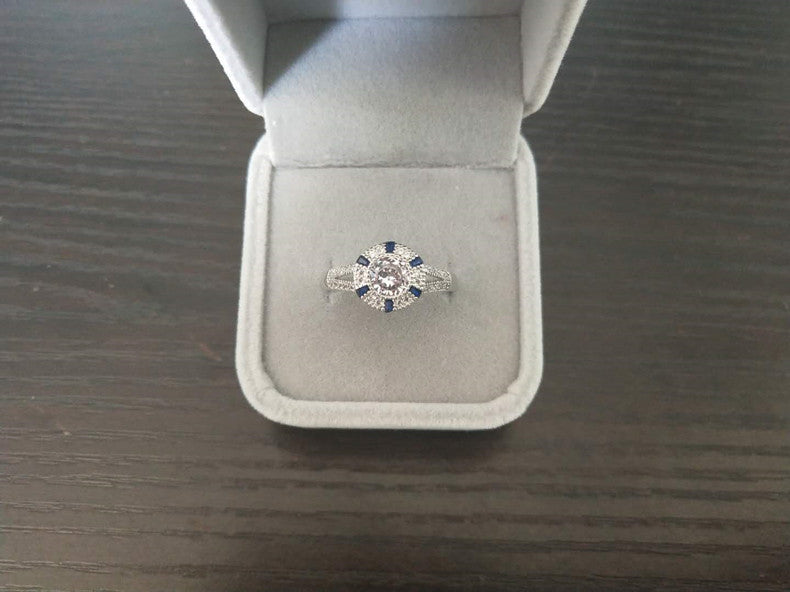 Blue Topaz Diamond Accent Ring Copper Gold Plated Geometric Lovers Promise Gift for Couples Elegant Dainty Keepsake