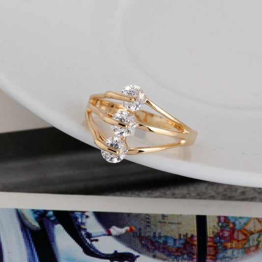 Gold Plated Ring With Gemstone Inlay Geometric Zircon Accents Copper Jewelry For Women Gift Everyday Accessory