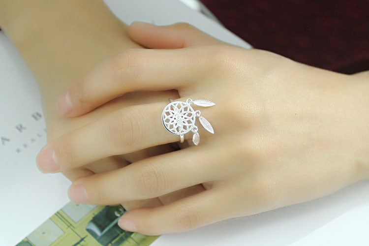 Womens Ring Adjustable Silver Plated Copper Ring With Geometric Dream Catcher Design Fashion Jewelry Gift Idea