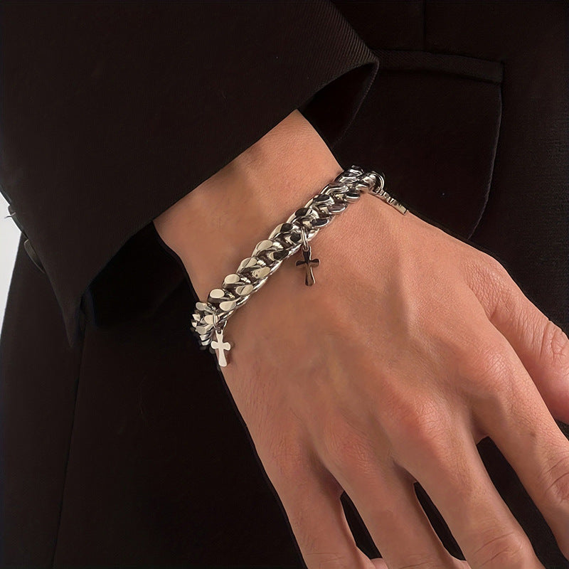 Mens Titanium Steel Cross Bracelet Durable Electroplated Religious Jewelry Everyday Wear Gift Style For Him New