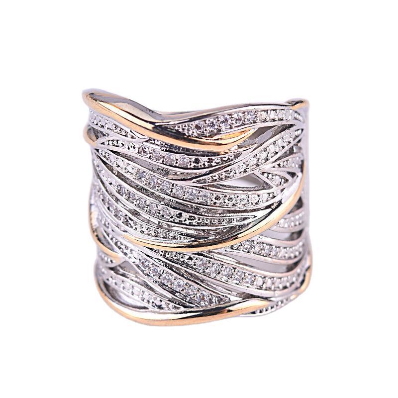 Womens Feather Ring Gold Plated With Sparkling Diamond Zircon Two Tone Finish Multi Layer Winding Design Feather