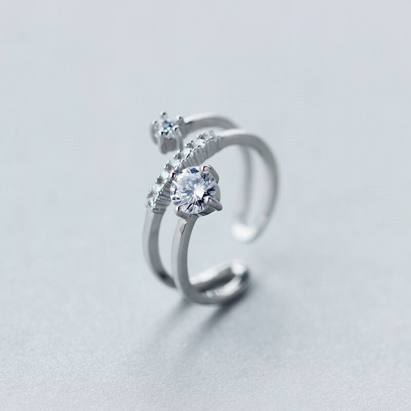 Womens Adjustable Copper Ring With Cubic Zirconia Geometric Design Three Layer Diamond Look White Gold Plated