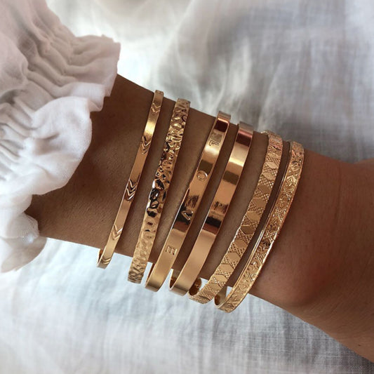 Unisex Vintage U Shape Open Cuff Bracelets Set Gold