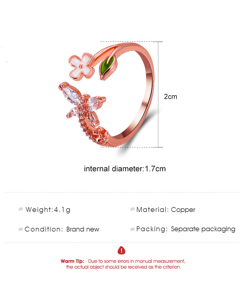 Womens Adjustable Ring With Diamond Butterfly And Small Flower Design Copper Alloy Inlaid With Art Gem Inlay