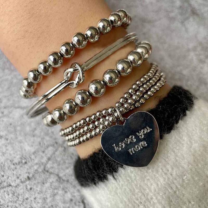 Beaded Bracelet Set Silver Color Heart Multilayer Unisex Design 4 Piece Set Plastic Letter Bracelets Bracelets