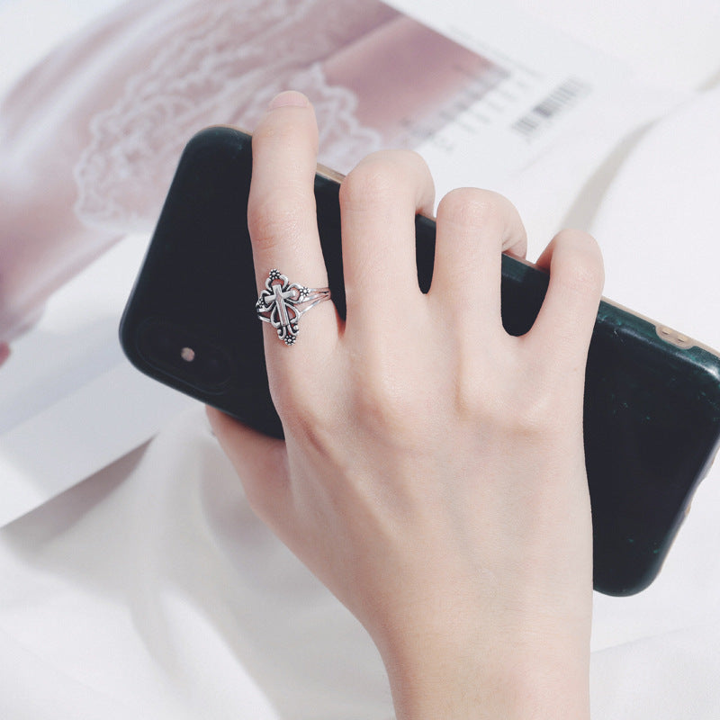 Womens Adjustable Silver Cross Ring Nordic Design Retro Fashion Band Rings For Women Jewelry Everyday Wardrobe