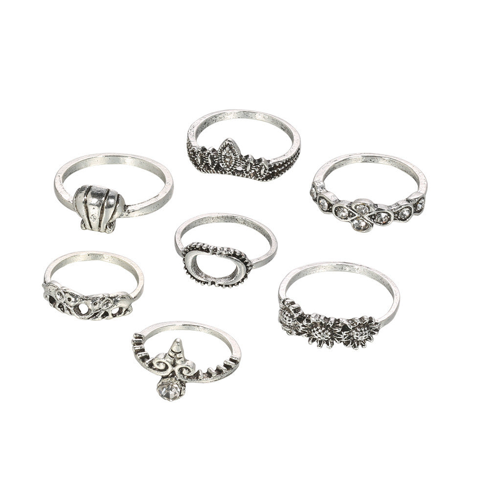 Unisex 7 Piece Alloy Ring Set European American Sunflower Shell Elephant Crown Moon Design Gift For Collectors