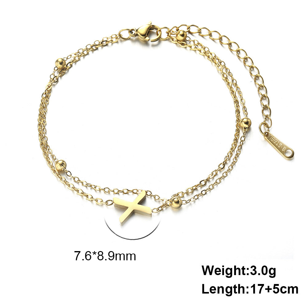 Womens Stainless Steel Double Layer Chain Bracelet With Initial Pendant Electroplated Finish Jewelry Gift Gold