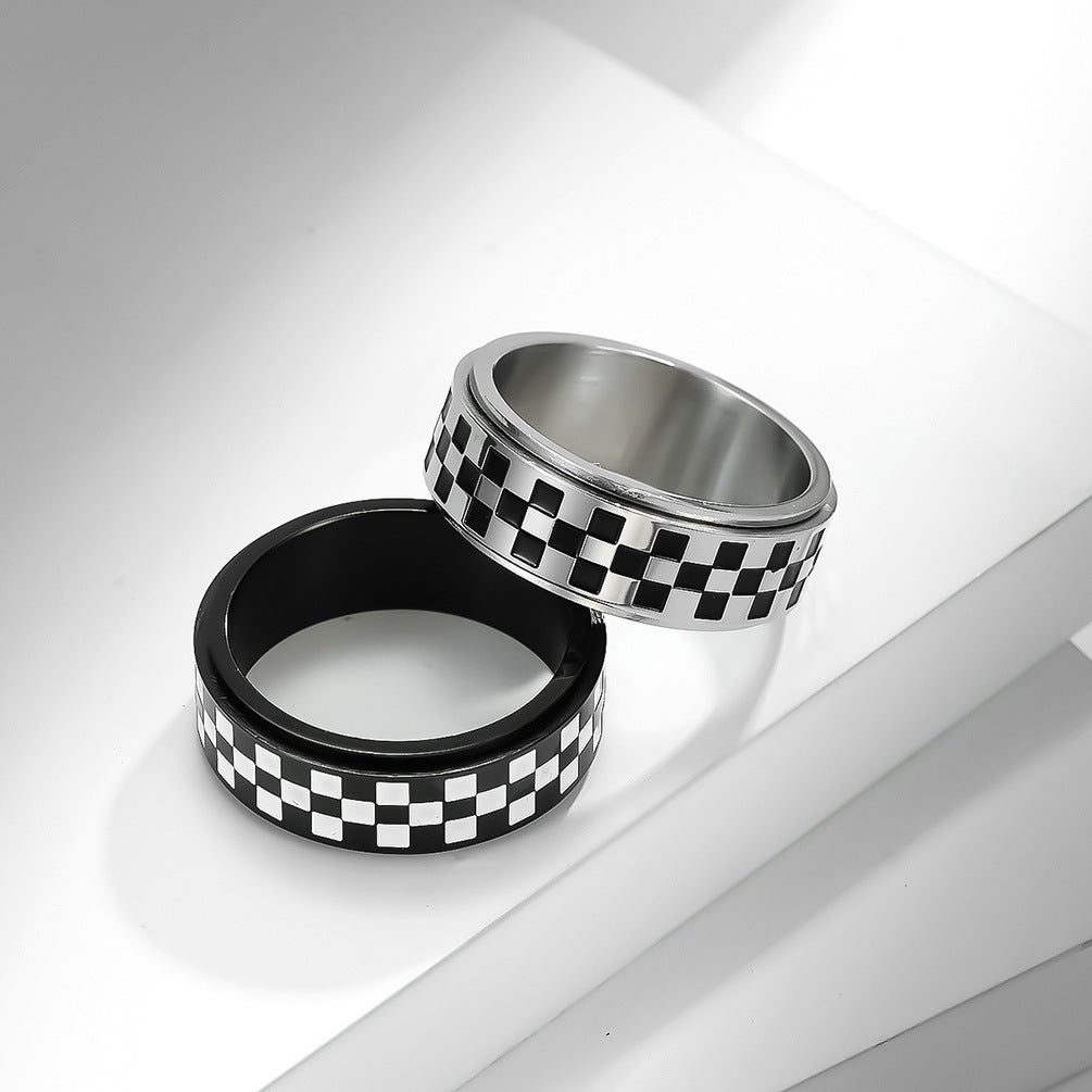 Unisex Stainless Steel Checkerboard Swivel Ring Black White Checkered Fidget Band 8mm Wide Durable Jewelry Accessory