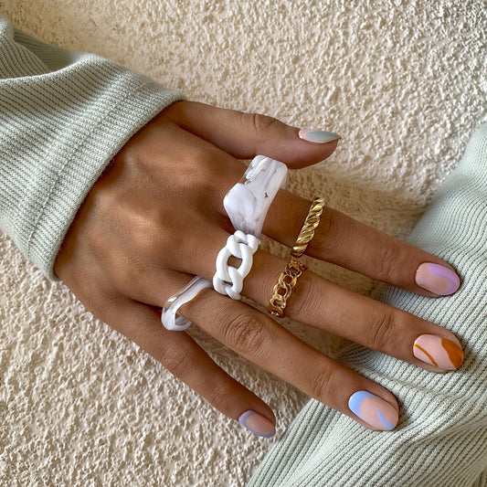 Geometric Chain Ring Set For Women Metal Threaded Alloy And Acrylic Jewelry Fashion Accessories For Daily Wear